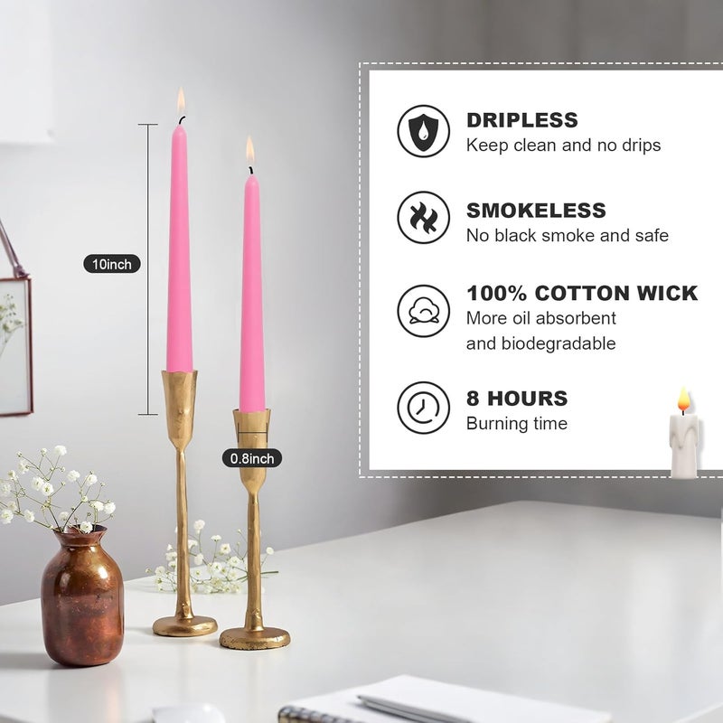 Ksefsy Ksefey 10 Inch Pink Taper Candles Set of 6 - Dripless,Unscented,8 Hours Burn Time-Perfect for Wedding,Dinner,Party and Home Decor - Image 2